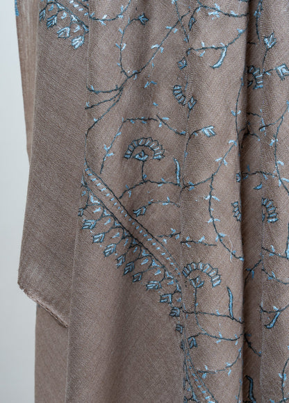 Mushroom Blue Vine 2.5 Yards Sozni Hand Embroidered Shawl