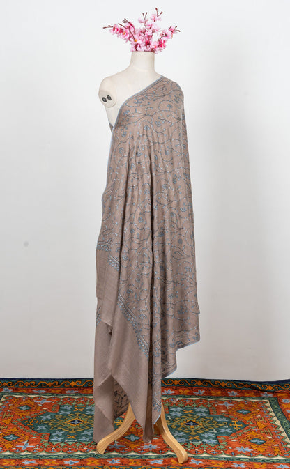 Mushroom Blue Vine 2.5 Yards Sozni Hand Embroidered Shawl