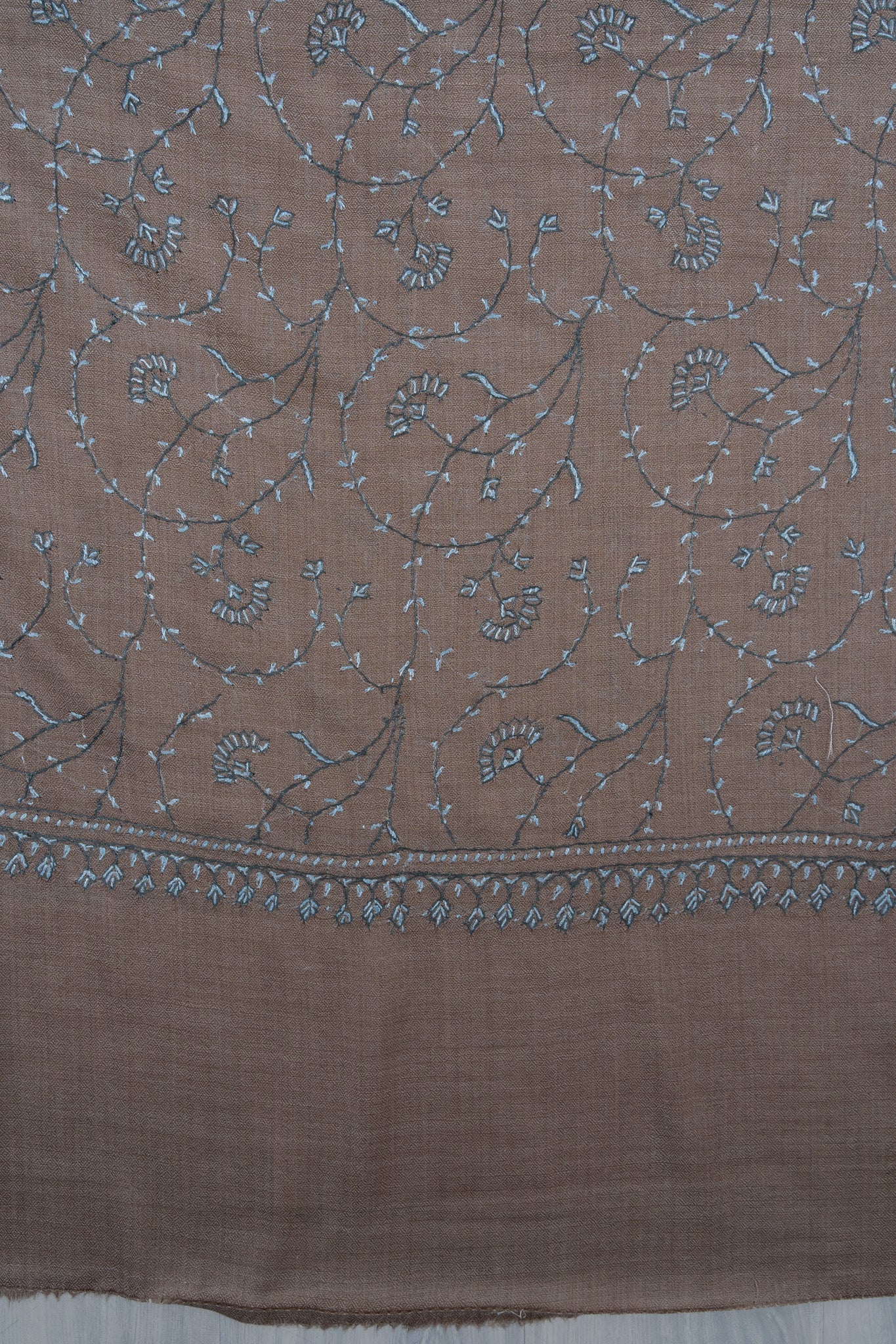 Mushroom Blue Vine 2.5 Yards Sozni Hand Embroidered Shawl