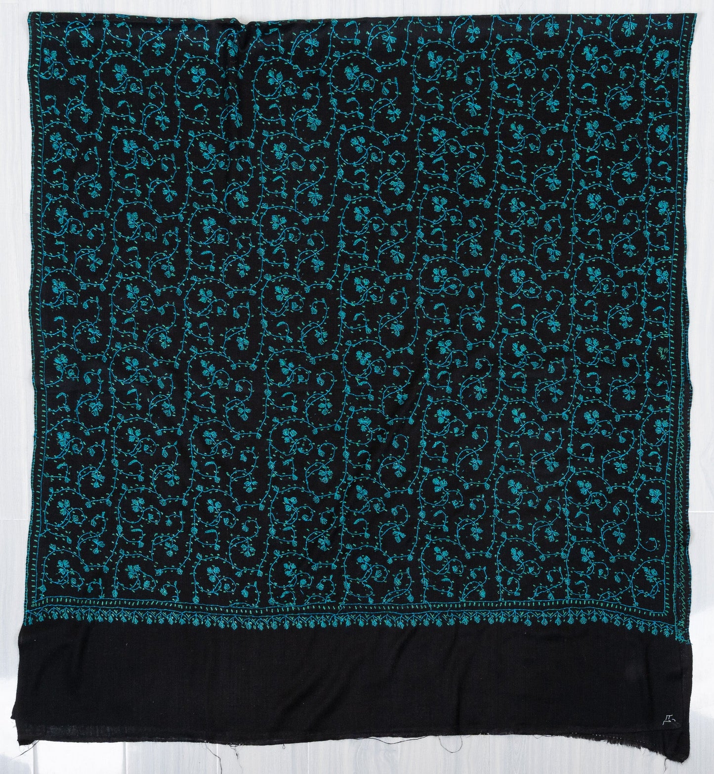 Midnight Teal Jaal 2.5 Yards Sozni Hand Embroidered Shawl