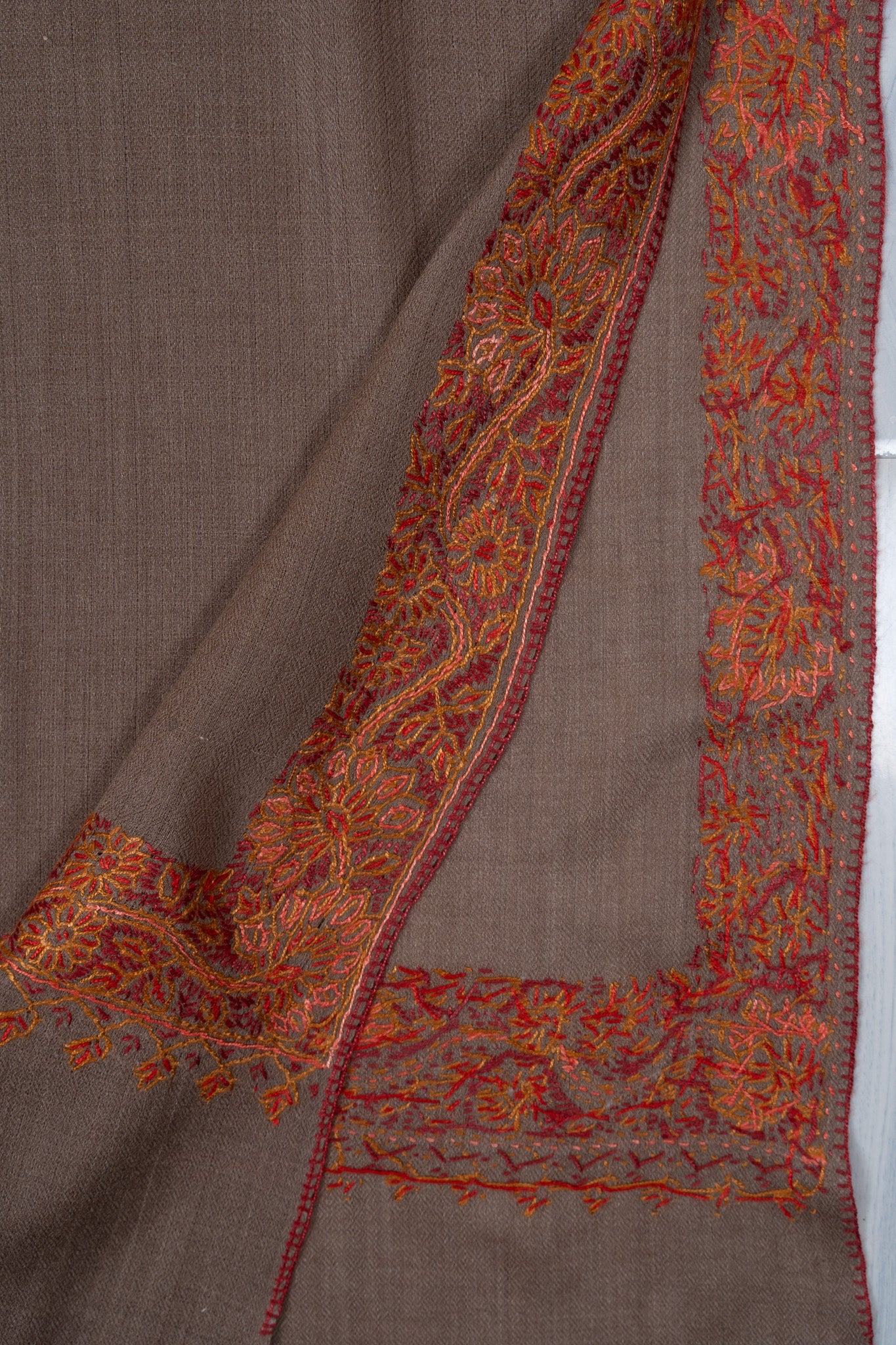 Warm Truffle Rust 2.5 Yards Sozni Hand Embroidered Shawl