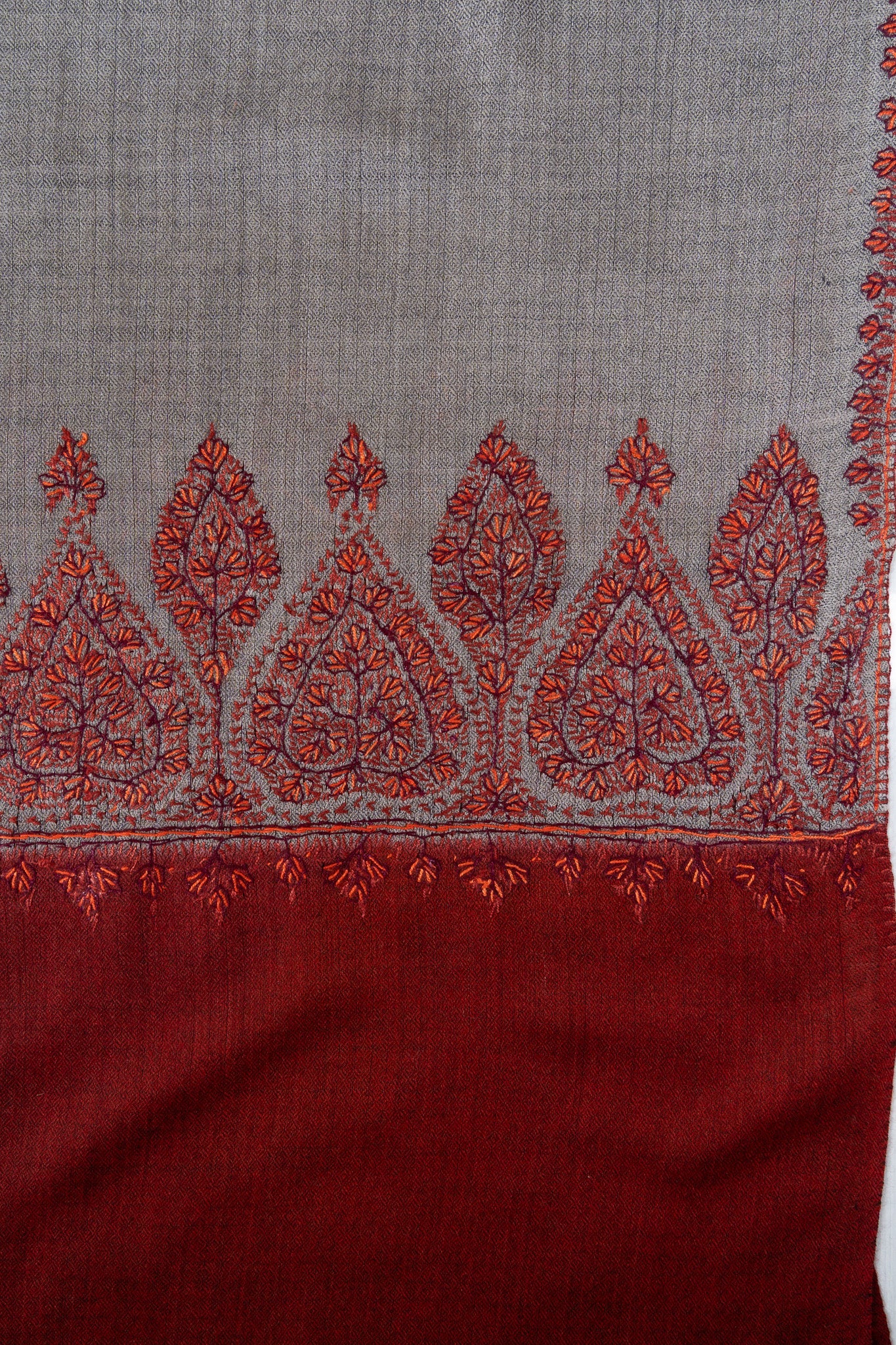 Crimson Ash Bloom 2.5 Yards Sozni Hand Embroidered Shawl