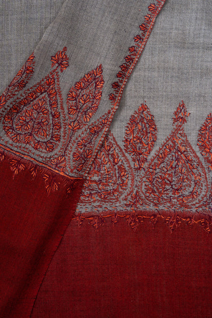 Crimson Ash Bloom 2.5 Yards Sozni Hand Embroidered Shawl