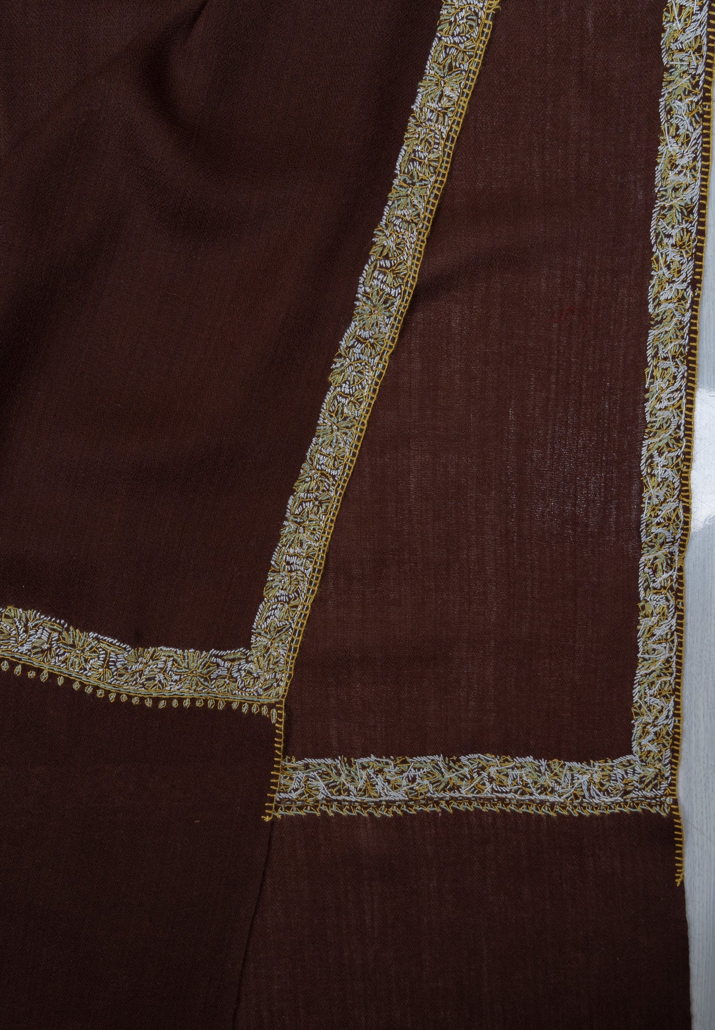 Chestnut Gold Edge 2.5 Yards Sozni Hand Embroidered Shawl
