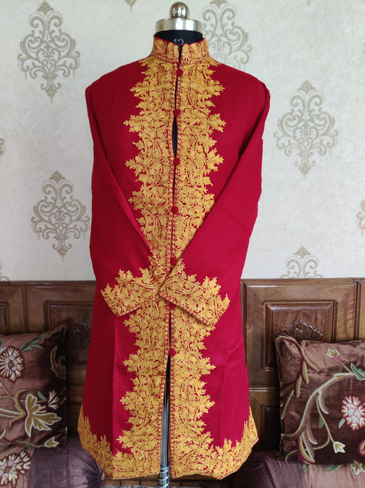 Maroon Kashmiri jacket with embroidery on the border - KashmKari