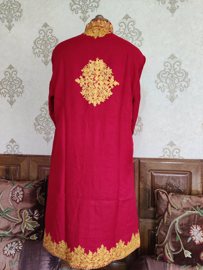 Maroon Kashmiri jacket with embroidery on the border - KashmKari