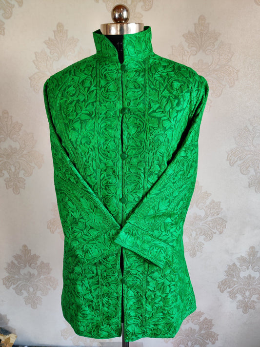 Green Kashmiri jacket with Monochromatic Embroidery - KashmKari