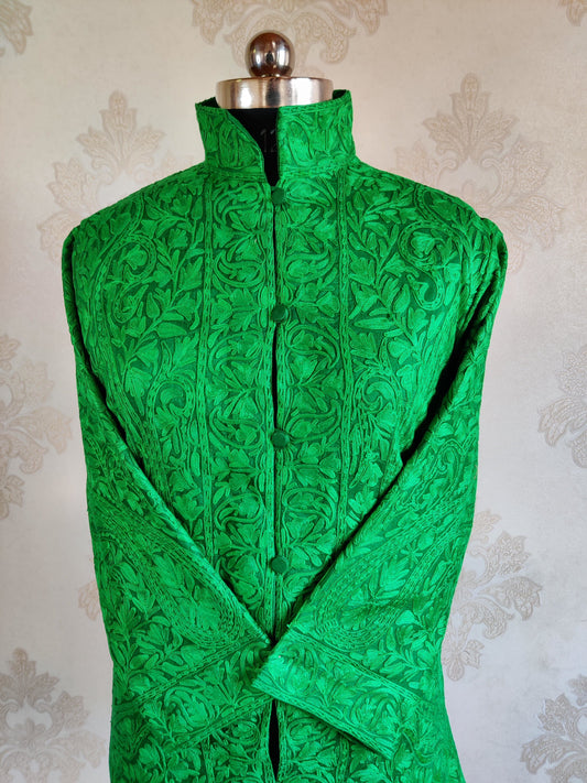 Green Kashmiri jacket with Monochromatic Embroidery - KashmKari