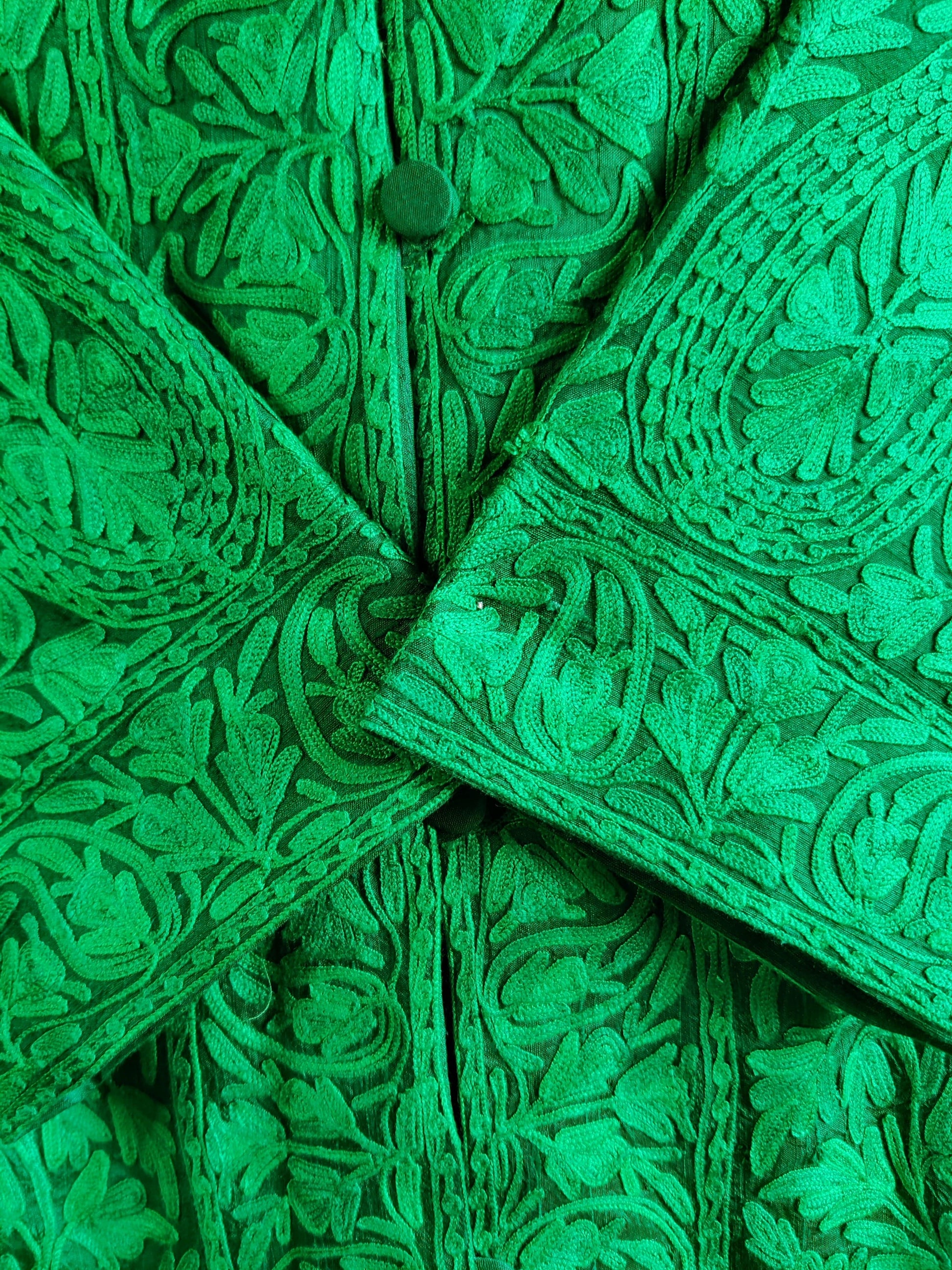 Green Kashmiri jacket with Monochromatic Embroidery - KashmKari