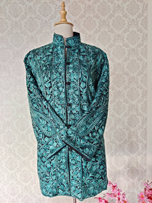 Kashmiri Jacket With Teal Colour Embroidery - KashmKari