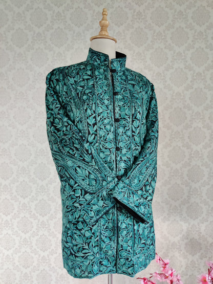 Kashmiri Jacket With Teal Colour Embroidery - KashmKari