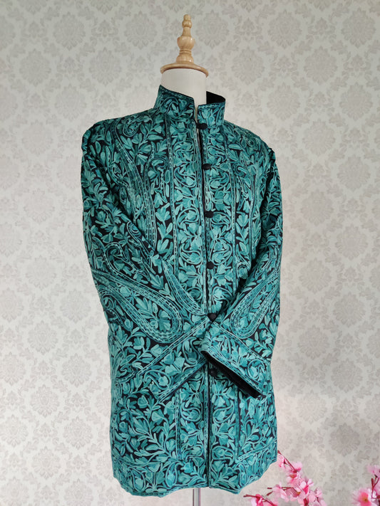 Kashmiri Jacket With Teal Colour Embroidery - KashmKari