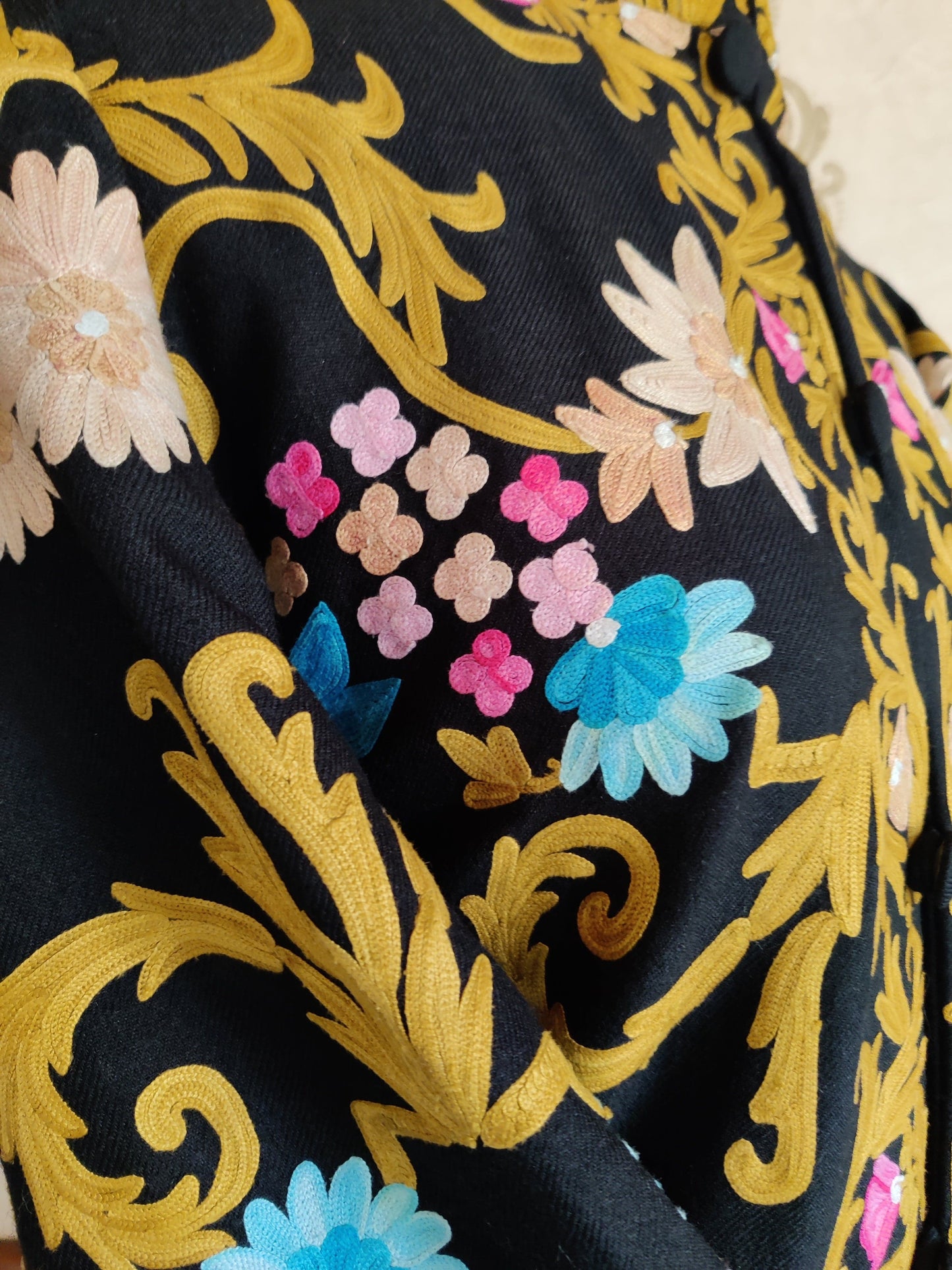 Golden Embroidery: A Stunning Timeless Kashmiri Black Coat - KashmKari