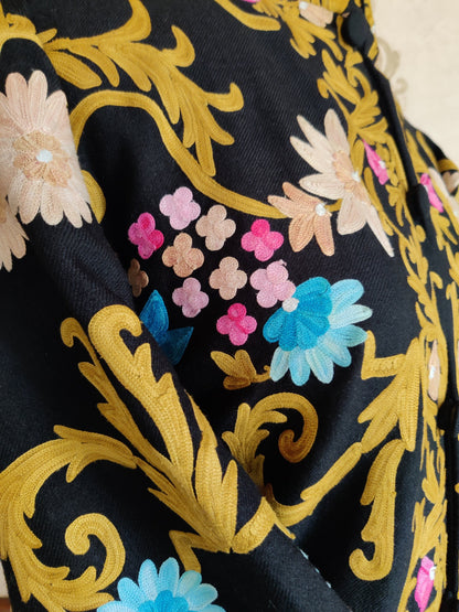 Golden Embroidery: A Stunning Timeless Kashmiri Black Coat - KashmKari