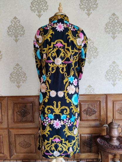 Golden Embroidery: A Stunning Timeless Kashmiri Black Coat - KashmKari