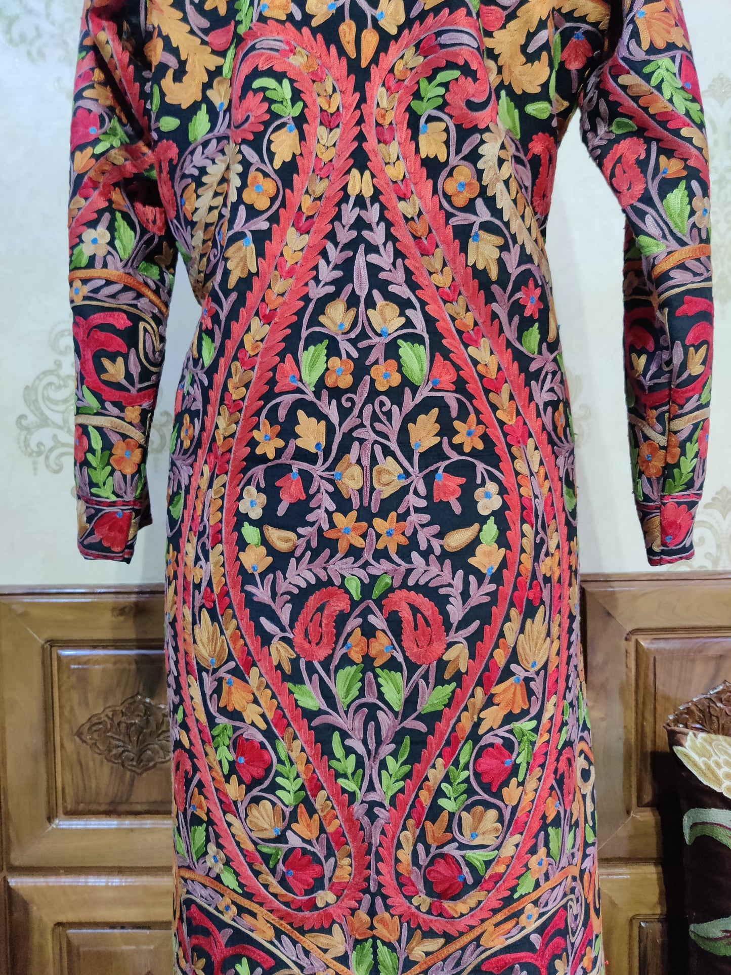 The Midnight Mosaic: Long Black Kashmiri Jacket with Aari Embroidery - KashmKari