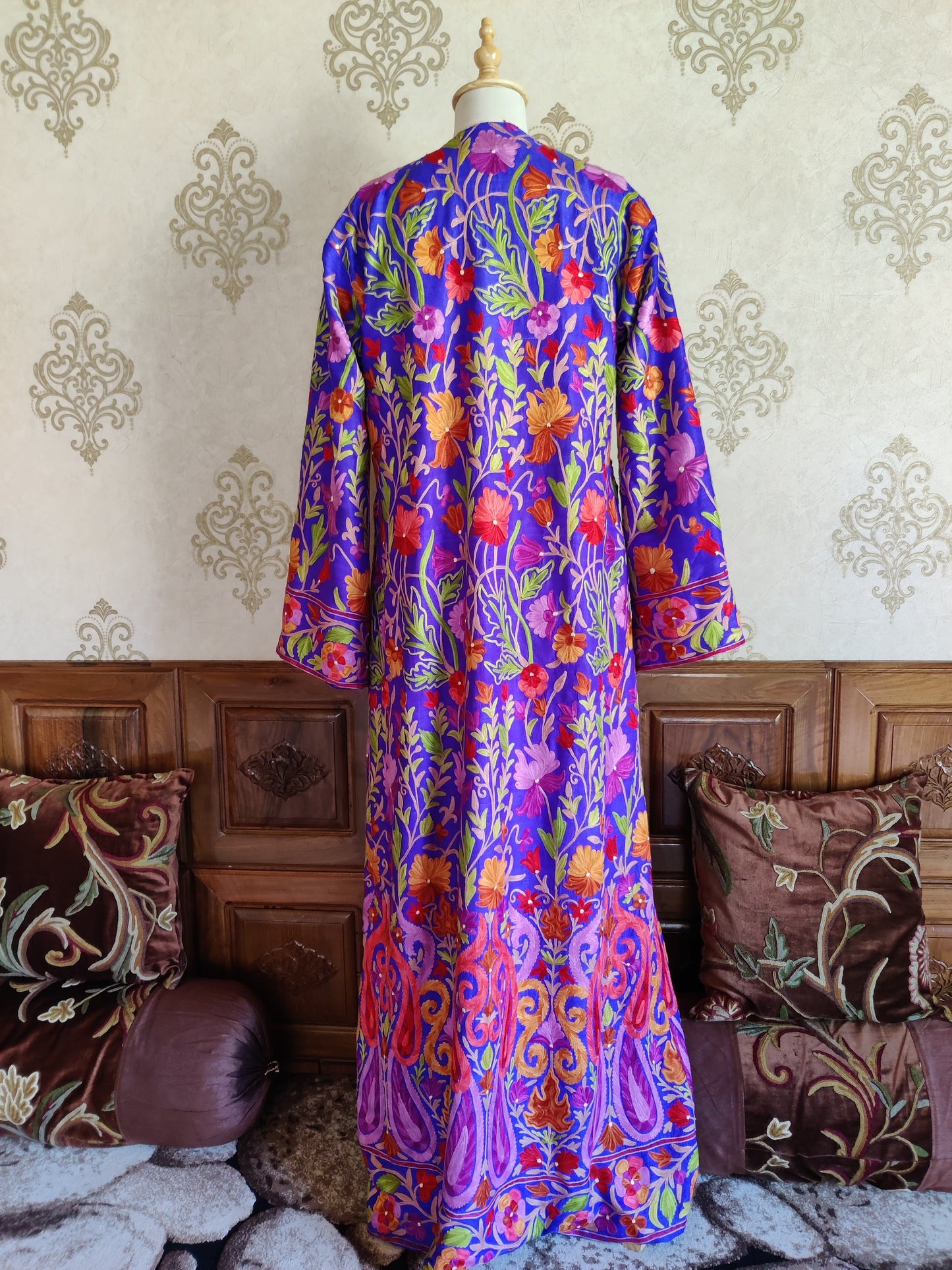 The Royal Reverie: Kashmiri Aari-embroidered Long Robe - KashmKari