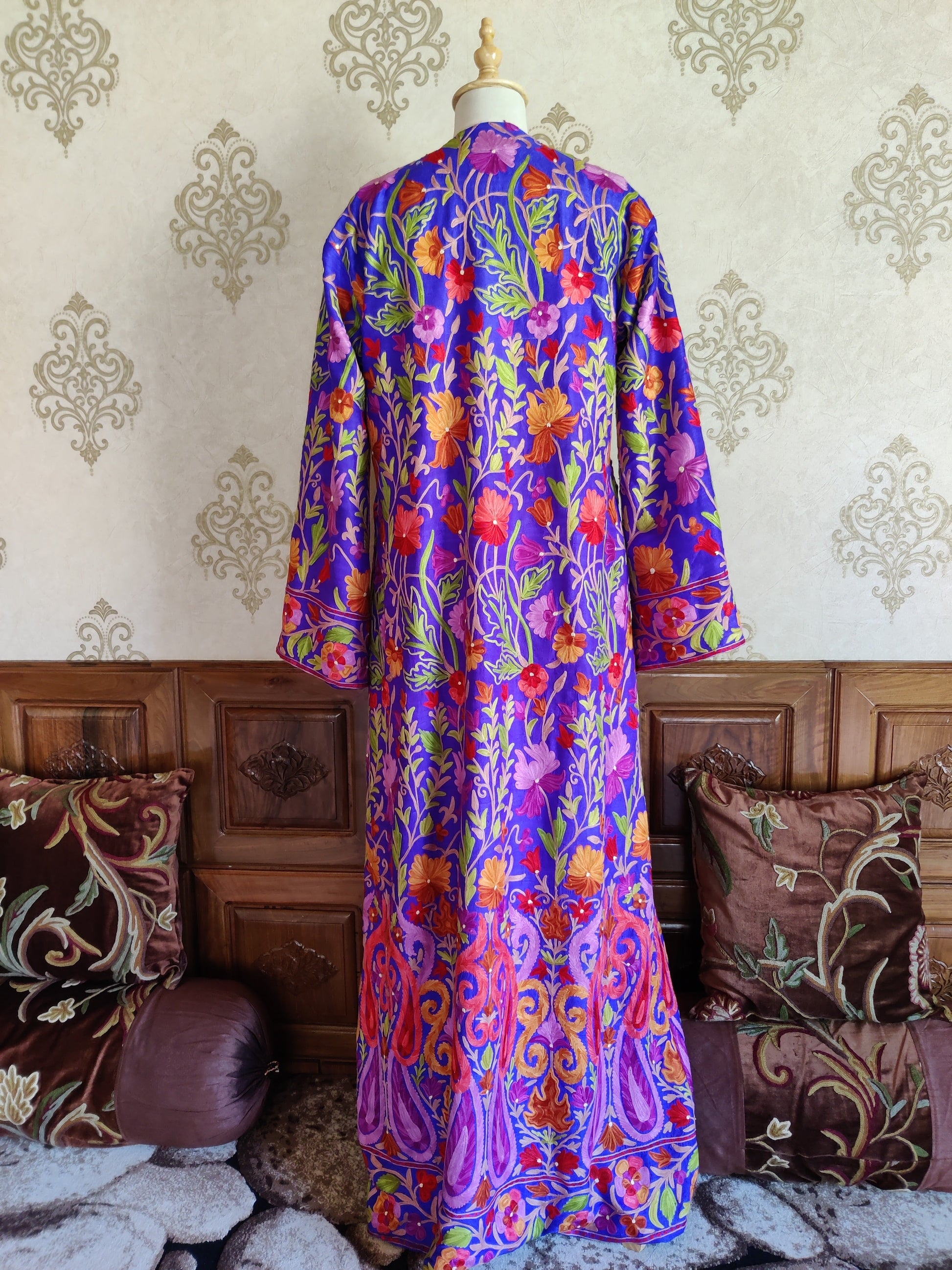 The Royal Reverie: Kashmiri Aari-embroidered Long Robe - KashmKari