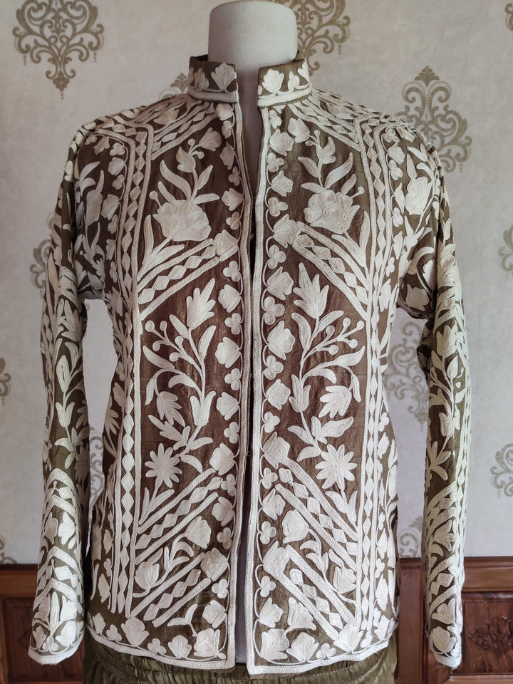Brown & White Kashmiri Jacket - KashmKari