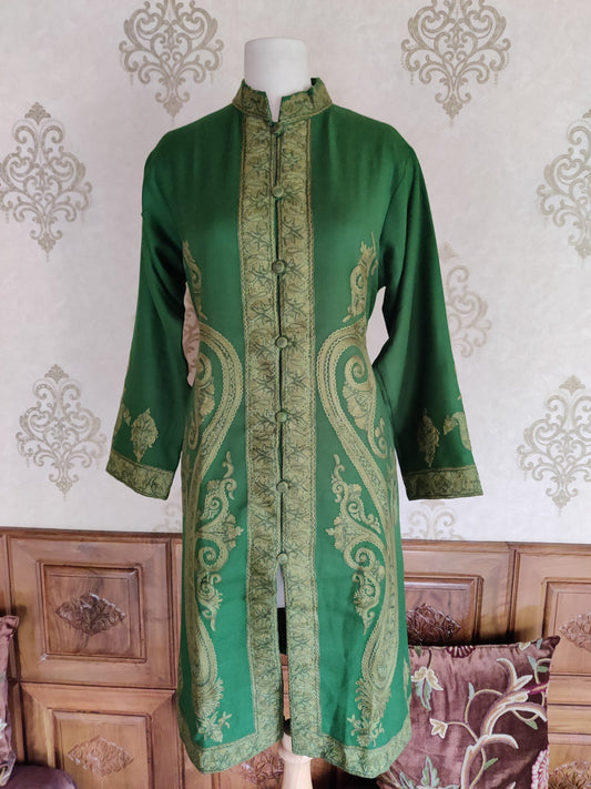 Hand Aari Kashmiri Jacket in Green - KashmKari