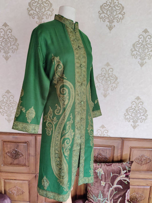 Hand Aari Kashmiri Jacket in Green - KashmKari