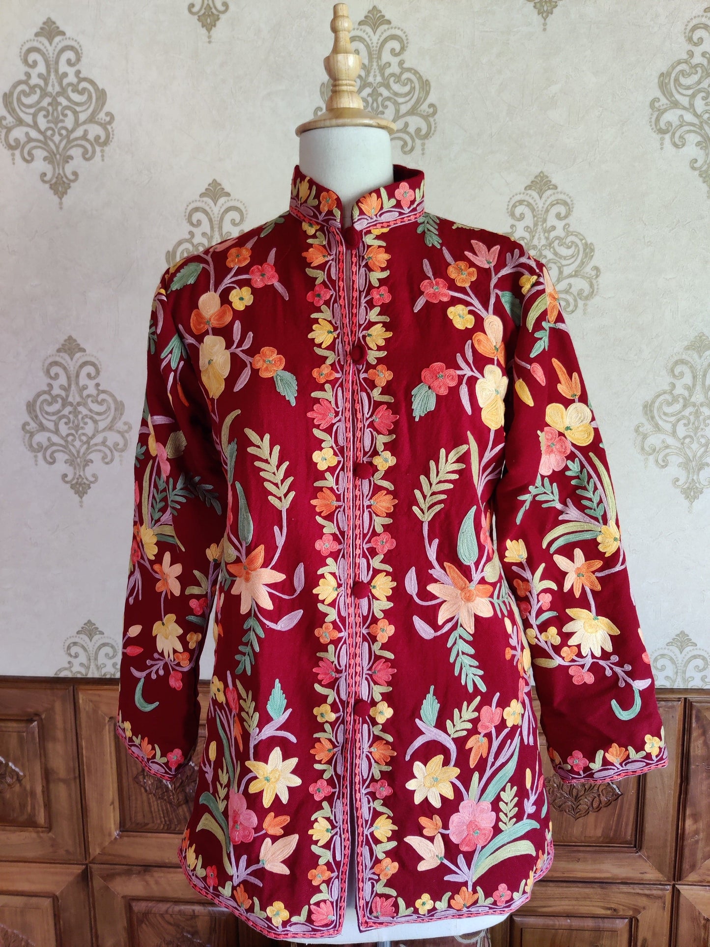 Maroon Short Boho Floral Jacket. - KashmKari