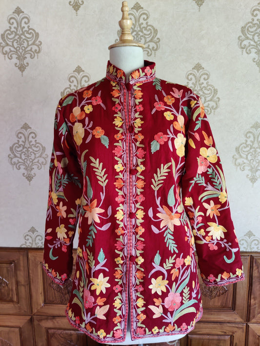 Maroon Short Boho Floral Jacket. - KashmKari