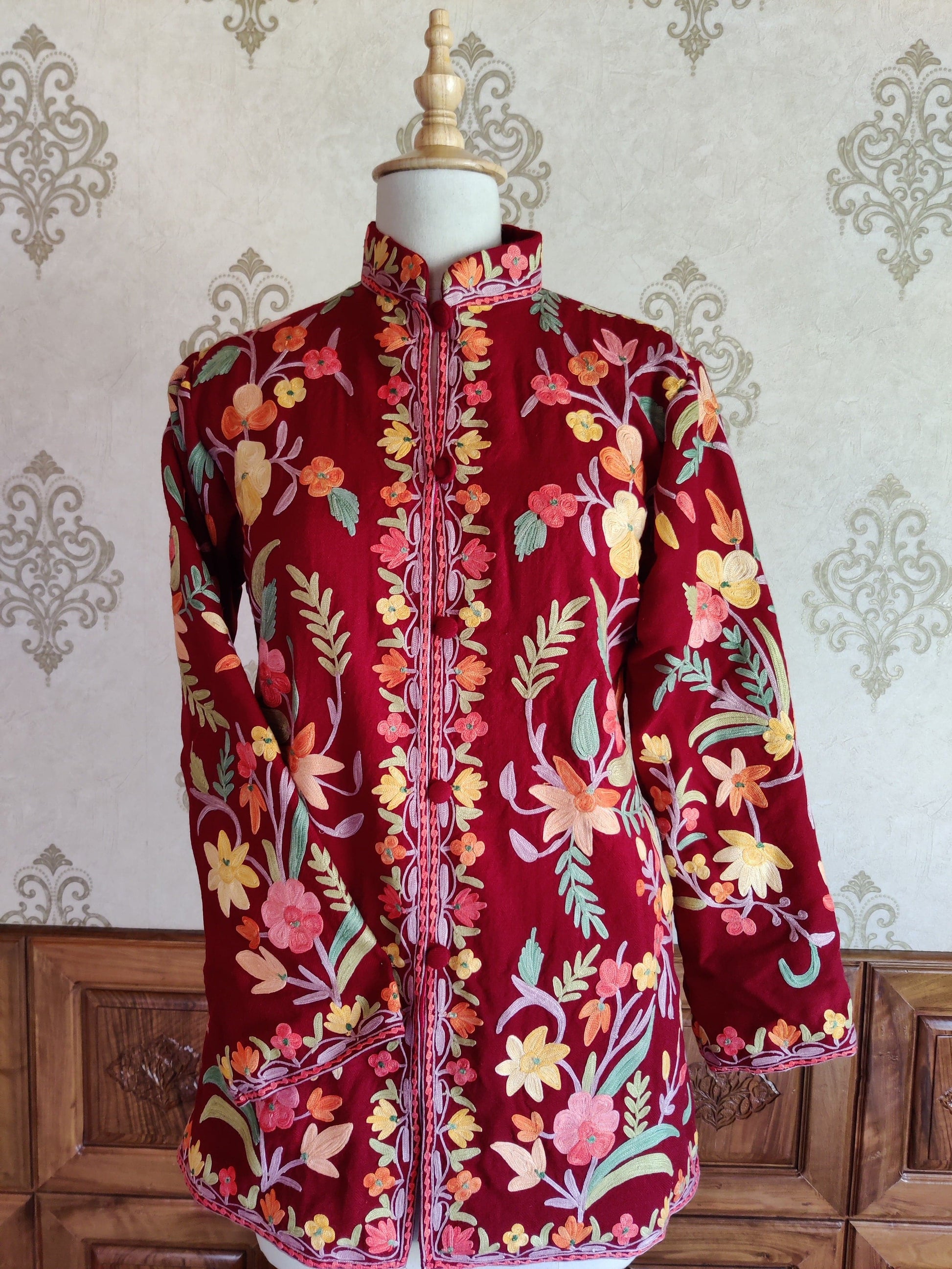 Maroon Short Boho Floral Jacket. - KashmKari