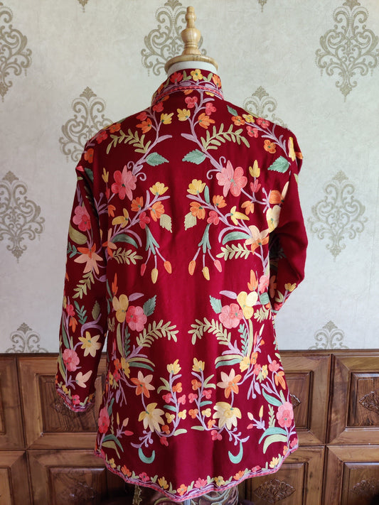 Maroon Short Boho Floral Jacket. - KashmKari