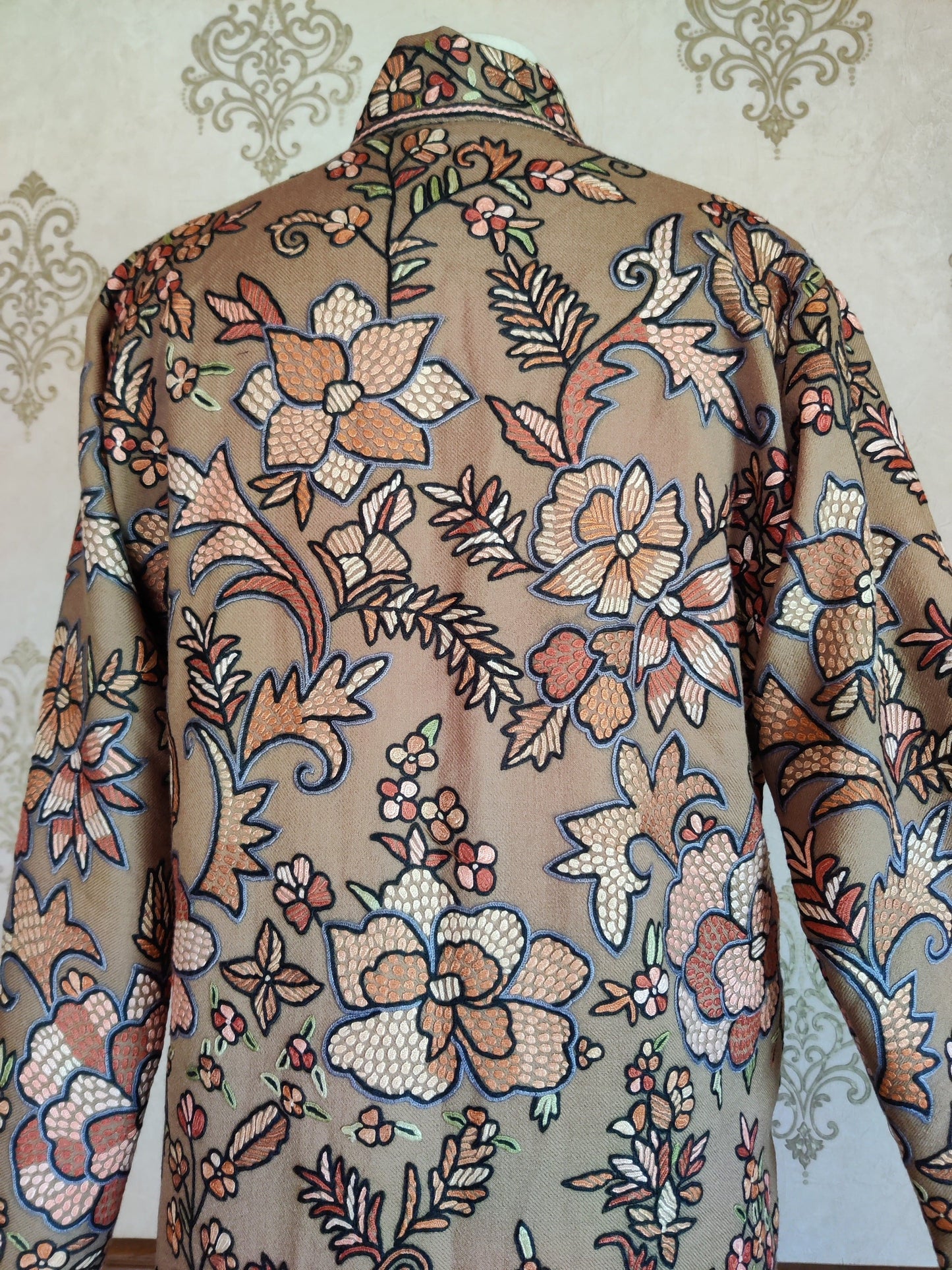 Beige Wool Jacket with Intricate Hand Aari Floral Embroidery