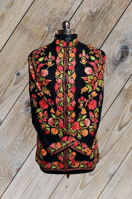 Kashmir Thread Coat XXXL (48) Kashmiri Woolen Jacket With Multicolour Floral Embroidery