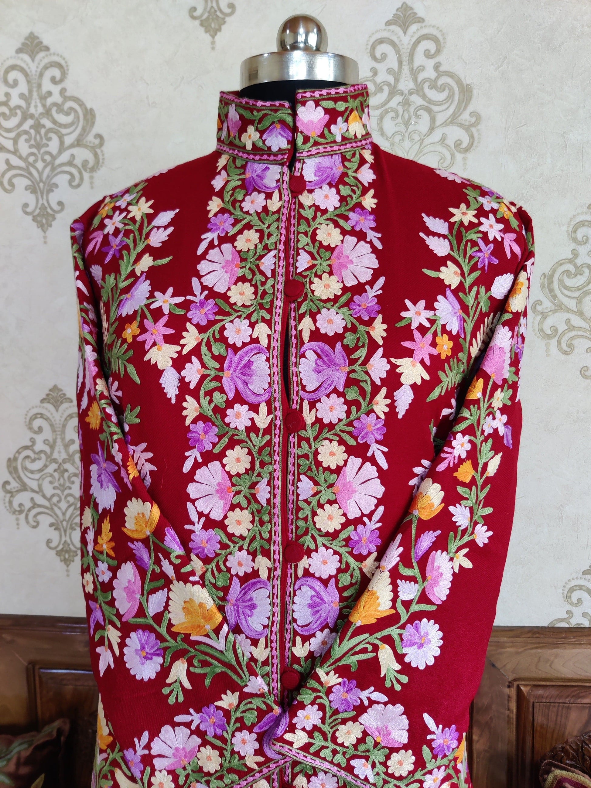 Maroon Long Kashmiri Jacket With Multicolor Floral Embroidery Jacket KashmKari Buy Maroon Kashmiri coat With Boho-Floral Embroidery at best price Online  | Kashmir Thread 