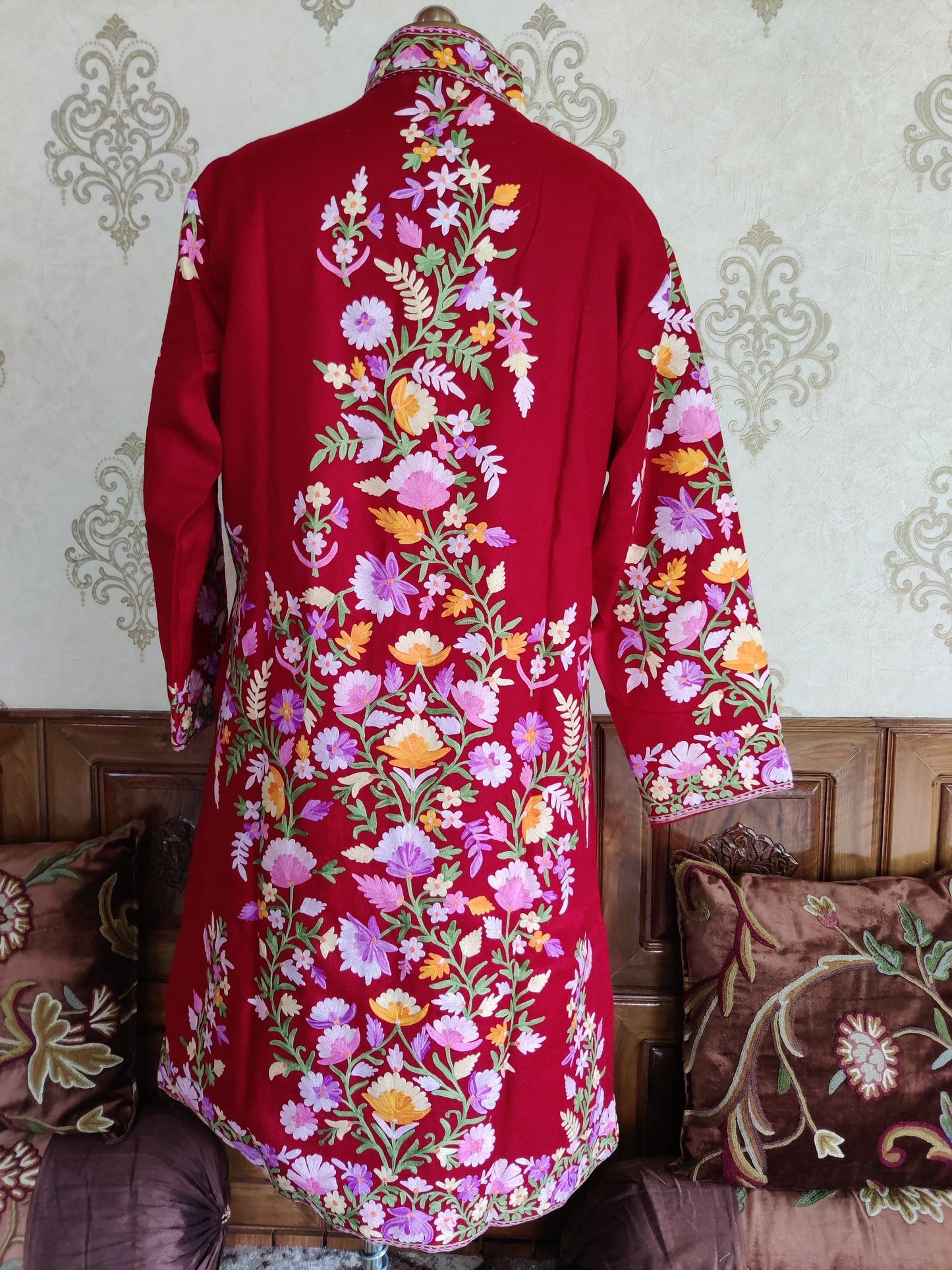 Maroon Long Kashmiri Jacket With Multicolor Floral Embroidery Jacket KashmKari Buy Maroon Kashmiri coat With Boho-Floral Embroidery at best price Online  | Kashmir Thread 