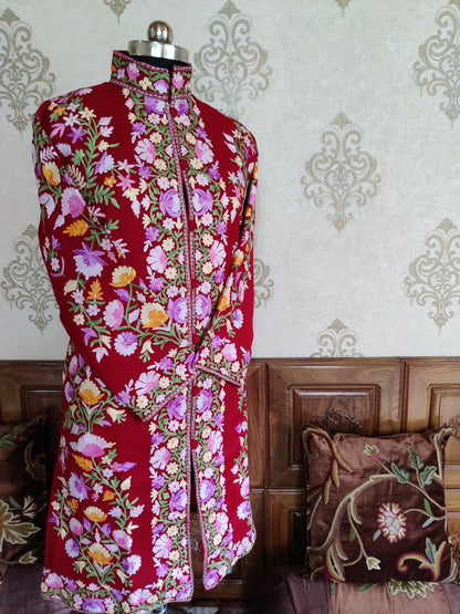 Maroon Long Kashmiri Jacket With Multicolor Floral Embroidery Jacket KashmKari Buy Maroon Kashmiri coat With Boho-Floral Embroidery at best price Online  | Kashmir Thread 