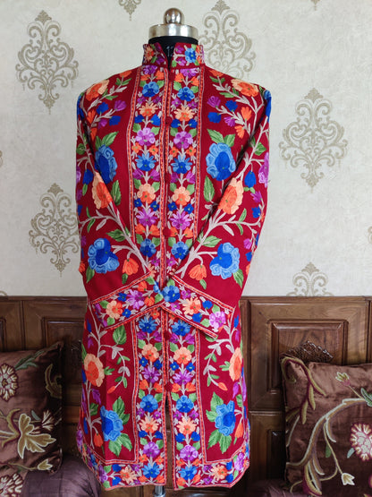 Maroon Long Kashmiri Jacket With Multicolor Floral Embroidery Jacket KashmKari Buy Maroon Long Kashmiri Jacket With Boho-Floral Embroidery at best price Online  | Kashmir Thread 