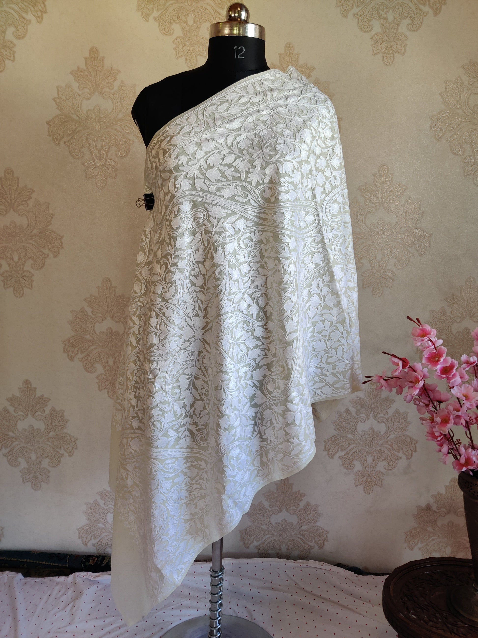 Pure Woolen Kashmiri Embroidery Stole in self work style with All over Heavy Aari Embroidery Kashmiri Stoles KashmKari