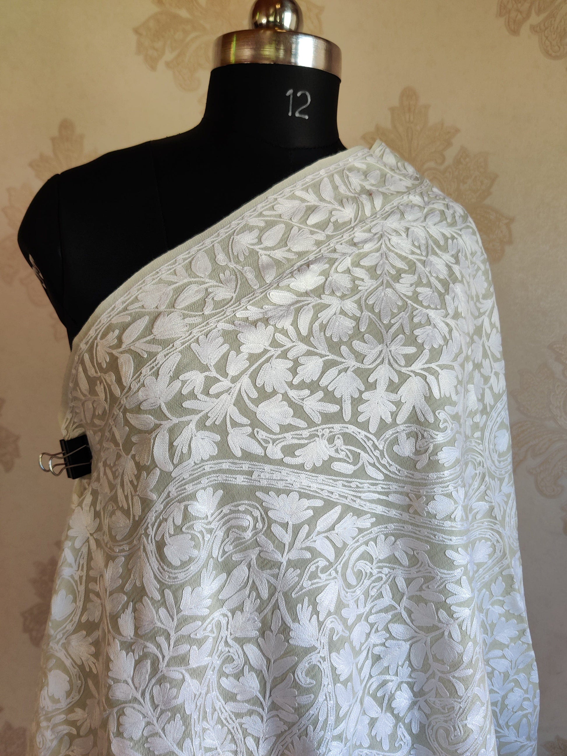 Pure Woolen Kashmiri Embroidery Stole in self work style with All over Heavy Aari Embroidery Kashmiri Stoles KashmKari