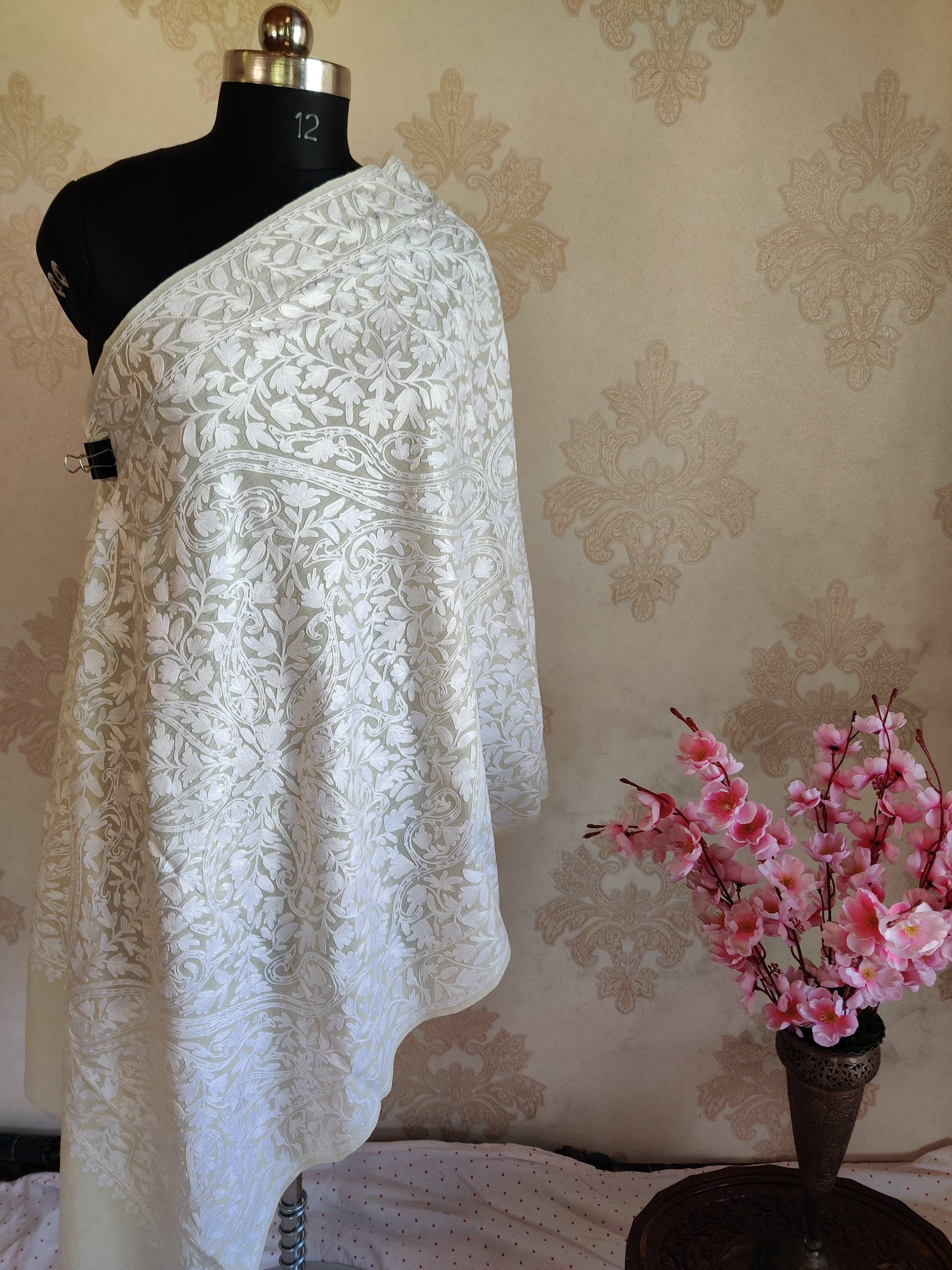 Pure Woolen Kashmiri Embroidery Stole in self work style with All over Heavy Aari Embroidery Kashmiri Stoles KashmKari
